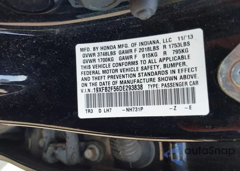 2013 Honda Civic Lx z USA, uszkodzony, nr VIN 19XFB2F56DE293838